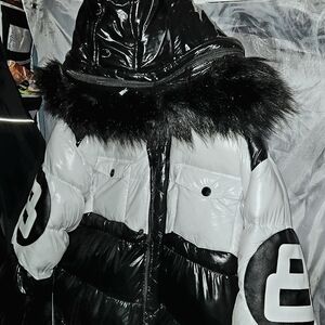 Rare Stylish Black and White Puffer Jacket with Removabe Hood & Fur Trim Mens 3x